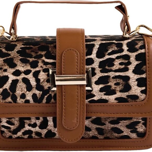 Women's Faux Leather Leopard Crossbody Bag Top Handle Square Flap Handbag - Picture 1 of 5